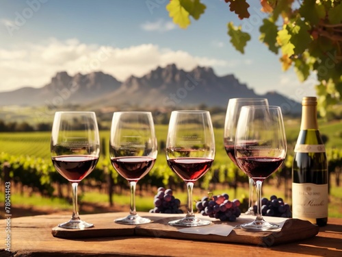 bottle of red wine, wine glasses and fresh grapes, set against the backdrop of grape vines