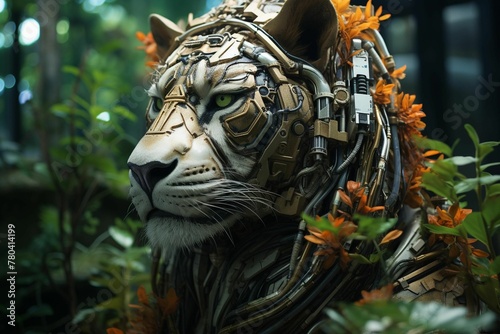 Majestic lion wearing a robotic mask in a lush forest setting, AI-generated.