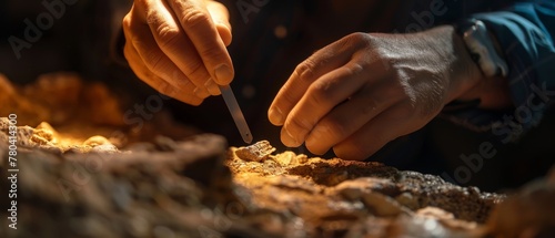 Fossil, Paleontologist, Unearthing prehistoric remains, A paleontologist carefully excavating a fossil, Fascinating and educational, Photography, Rembrandt lighting, Depth of field bokeh effect photo