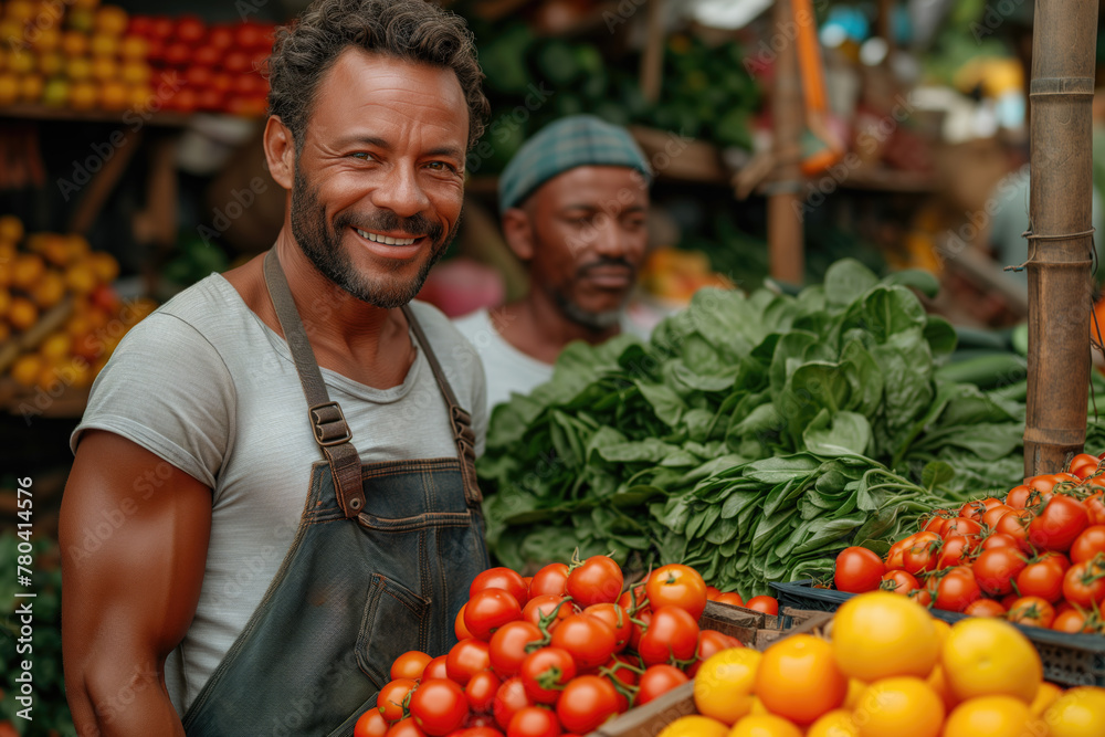 Happy seller at the market in front of his counter with tomatoes and other vegetables Happy seller at the market in front of his counter with tomatoes and other vegetables