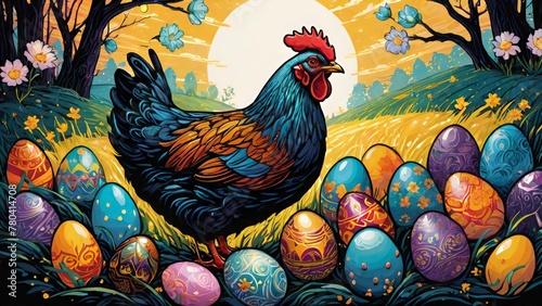 Drawing of a cockerel with Easter eggs against the background of the sun, postcard photo