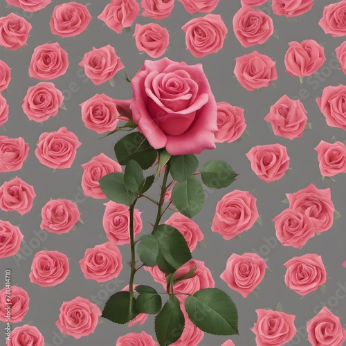 AI generated illustration of a bright pink rose on a gray background with pink roses © Wirestock