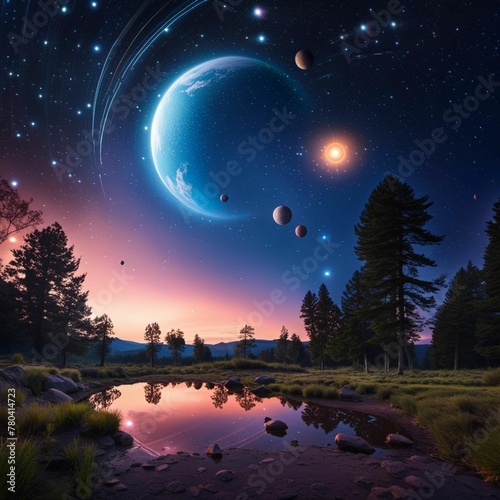 AI generated illustration of a star-filled night sky, with planets illuminated against a meadow