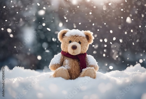 AI generated illustration of a teddy bear sitting in snowy landscape on a winter day © Wirestock