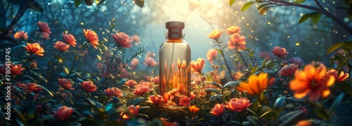 Perfume bottle in different floral backgrounds, magical atmosphere and beautiful light.