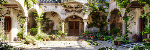 Green Oasis in Ancient Courtyard, Beautiful and Historic Architecture Blended with Nature