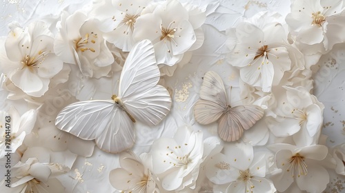 white butterflies on white with gold tint flowers painted with oil 