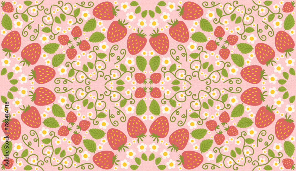 Seamless design pattern with strawberries, cute berries, flowers, green leaves. Repetitive surface design intended for kitchen apparel, fabrics, wrapping paper, and diverse purposes. Seamless design pattern with strawberries, cute berries, flowers, green leaves. Repetitive surface design intended for kitchen apparel, fabrics, wrapping paper, and diverse purposes.