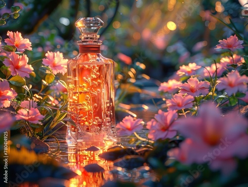 Perfume bottle in different floral backgrounds, magical atmosphere and beautiful light.