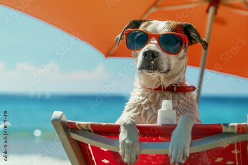 A cool dog with sunglasses lounges under an umbrella on a beach chair, epitomizing summer relaxation