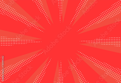 水玉のポップな模様が入った赤色のサンバースト集中線背景イラスト