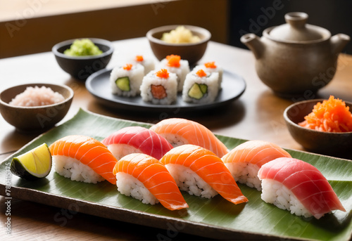 sushi is served on a green plate, next to other dishes
