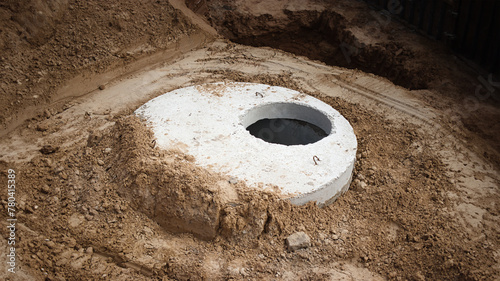 Installation of concrete sewer wells in the ground at the construction site. The use of reinforced concrete rings for cesspools, overflow septic tanks. Improvement of wells and storm sewage.