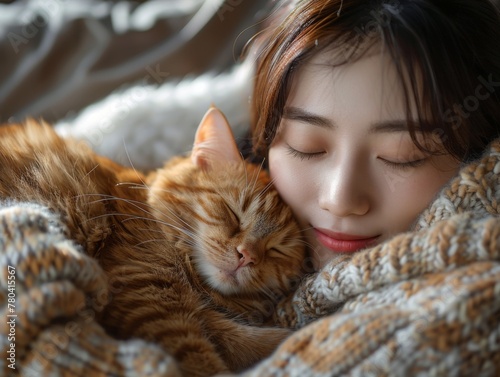 Young woman wears warm sweater resting with tabby cat on sofa at home one autumn day. Morning sleep time at home.