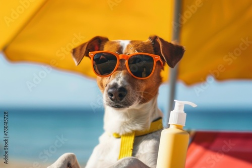 Stylish dog in shades relaxes under a sunny beach umbrella with sunscreen close by