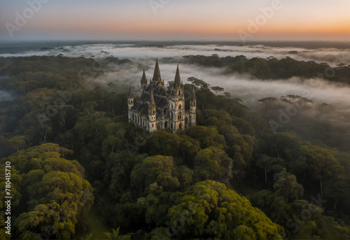 AI-generated illustration of Amazon rainforest with a gothic-style derelict castle