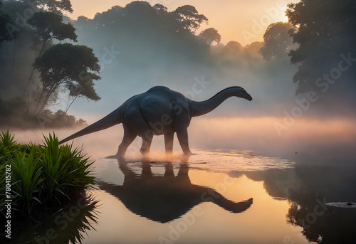AI-generated illustration of A herbivorous long-necked dinosaur wading in water at sunrise photo