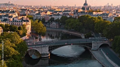 Aerial view streets of Paris, France, overlooking the famous eiffel tower of paris at sunset. photo