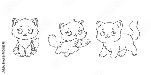 Line art coloring page for kids. Kindergarten or preschool coloring activity. Cute cats coloring page. Playful kawaii kittens. Cute pets vector illustration