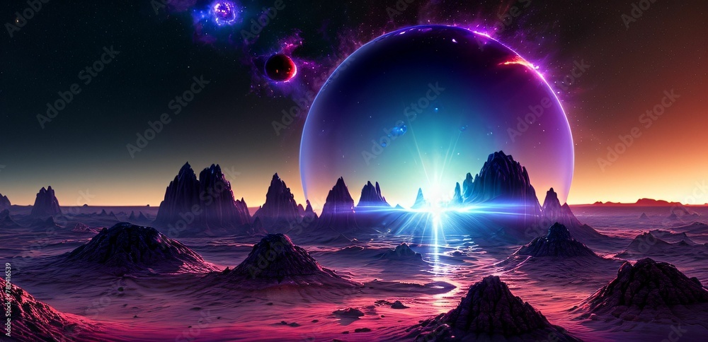 AI generated illustration of a stunning view of an extraterrestrial planetwith a glowing light