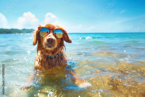 Dog wearing sunglasses having fun in the sun at a sandy beach