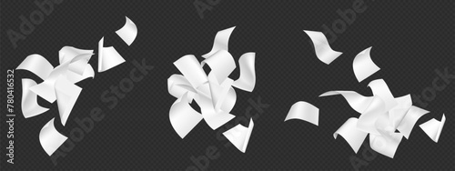 3d realistic white paper document sheet fly on wind. Office letter page fall isolated set. Paperwork blow design. Chaotic empty note pile flight concept. Creative ideas flow down element mockup
