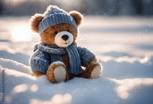 AI generated illustration of a cute teddy bear in winter attire sits atop snow