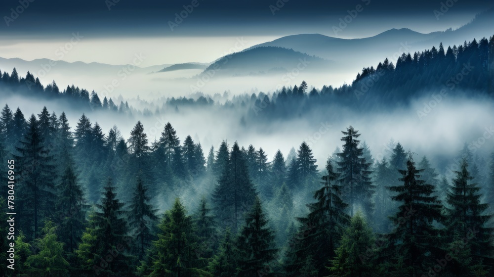 AI generated illustration of a misty mountain range with trees on a foggy day
