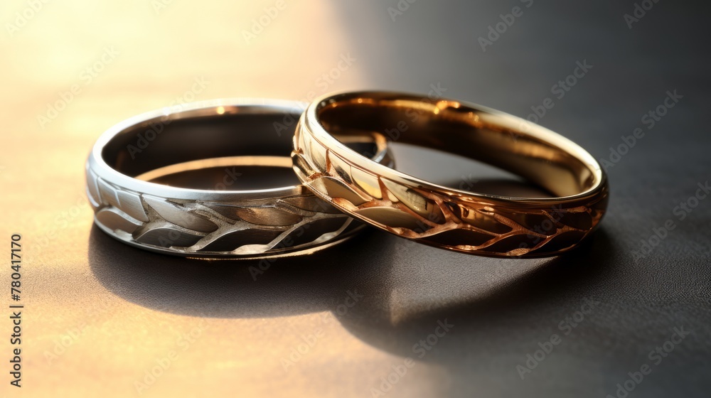 AI generated illustration of two wedding rings on a table with a soft background light reflection AI generated illustration of two wedding rings on a table with a soft background light reflection