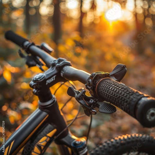 The silhouette of a mountain bicycle handlebar on the background of a sunset mountain landscape.  Mountain biking, local tourism, outdoor activities. with a place for the text. © Olga