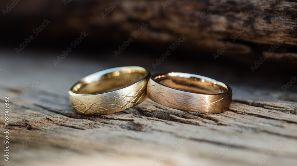AI generated illustration of two golden rings placed on a wooden surface AI generated illustration of two golden rings placed on a wooden surface
