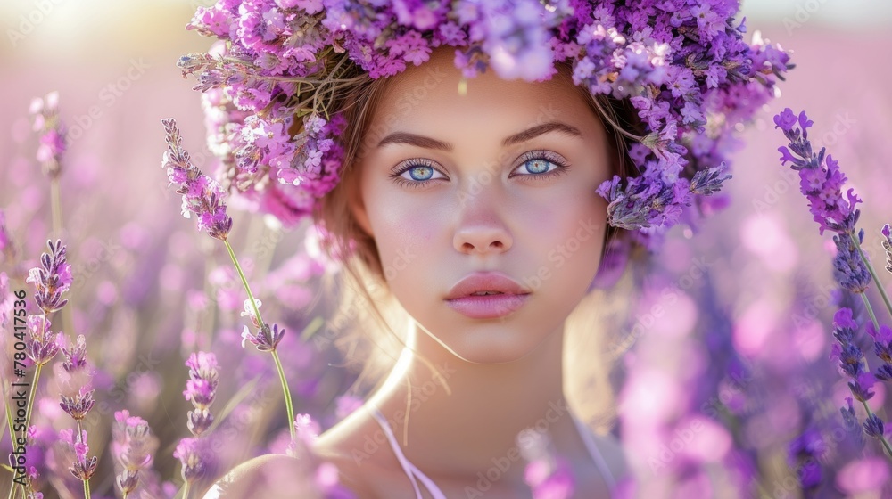 Beautiful girl in lavender wreath and retro dress on the lavender field. Beautiful woman in the lavender field on sunset in France