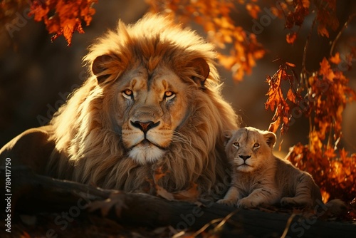 Proud lion and his young cub relaxing together under lush foliage, AI-generated.