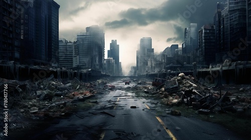 a very dark city road with buildings in the background and debris around it