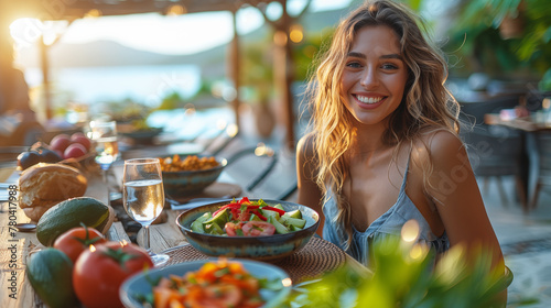 Young beauty woman eating salad in terrace