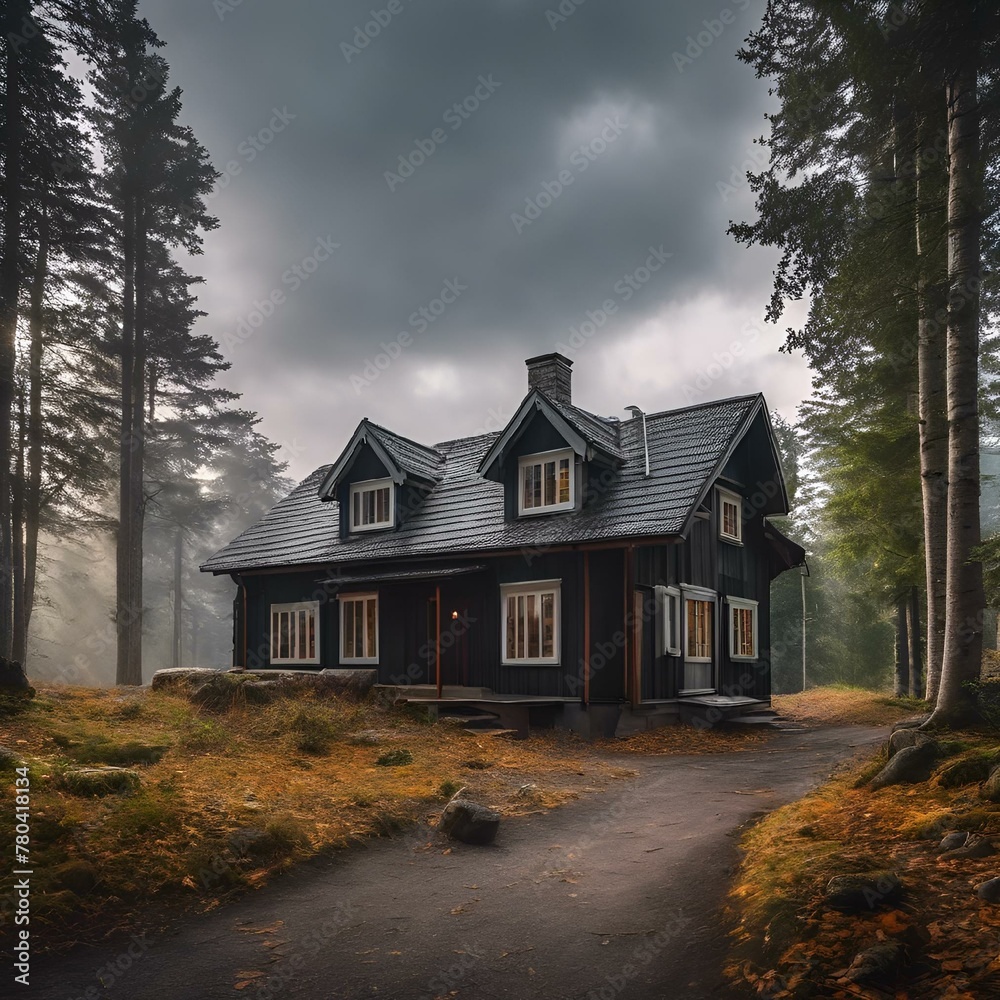 AI generated illustration of a solitary house in a misty forest clearing