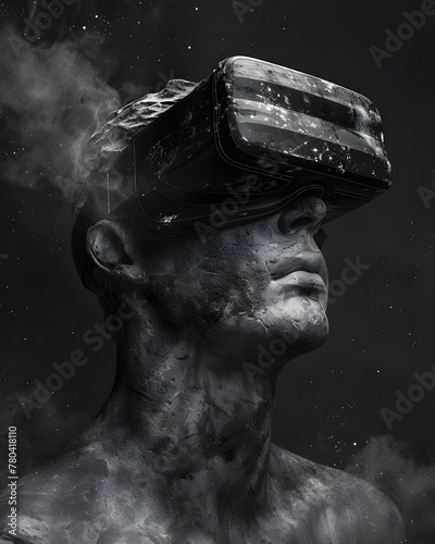 Black Charcoal Statue of Man with Futuristic VR Goggles, Monochrome Dark Theme HD Creative Wallpaper photo
