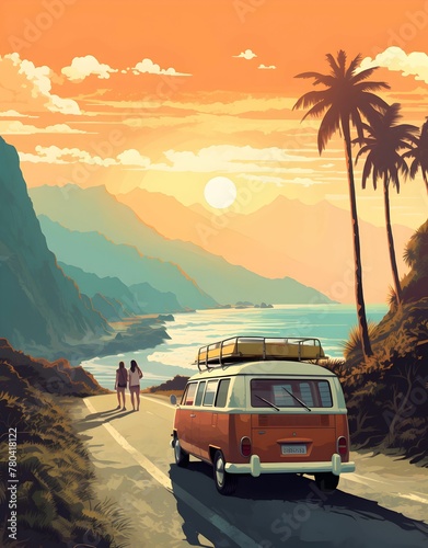 AI generated illustration of a vintage van parked on a scenic road lined with palm trees photo