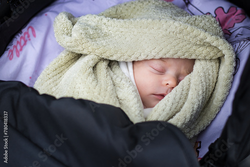 Tableau sur toile Peaceful newborn baby sleeping soundly wrapped in a soft green blanket in a stroller, with a gentle expression and serene atmosphere