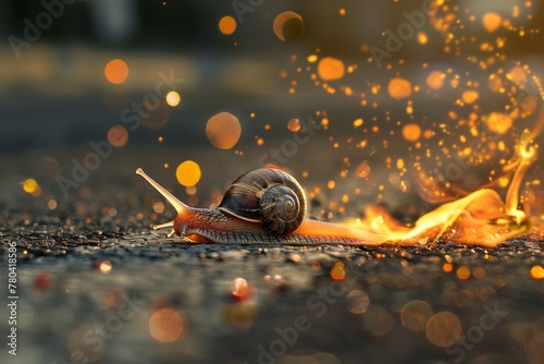 Playful depiction of a snail racing on a fiery speed track like a speedy car