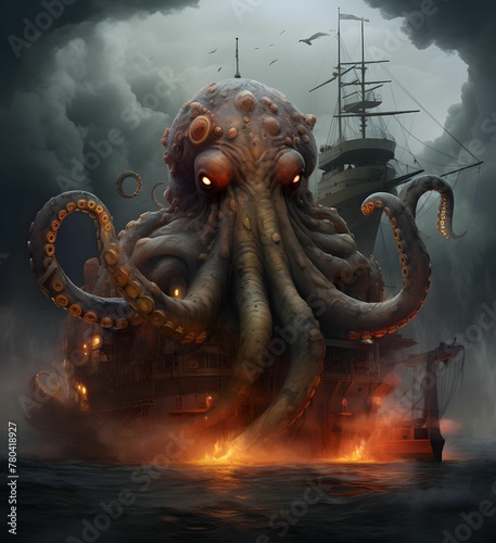 AI generated illustration of An octopus on a collapsed ship with a dark background