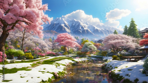 Panoramic view of a Japanese garden with cherry blossoms, a river and snow-covered mountain peaks. Snow melts under the warm spring sunshine.