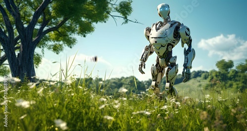 AI generated illustration of a robotic figure standing in a lush green grassy landscape,