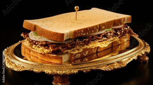 AI generated illustration of A fresh and delicious sandwich on a golden plate