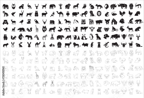 Enormous animals silhouettes collection. Animal logo set. Isolated on White background.