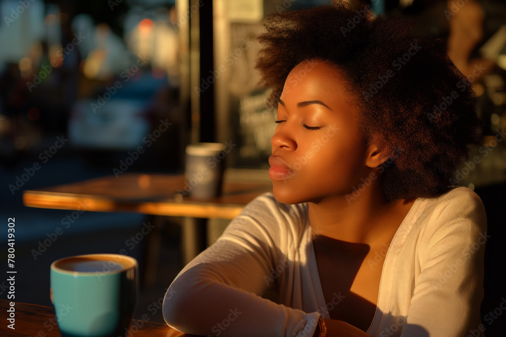 a woman sitting at a table with her eyes closed holding a coffee cup a woman sitting at a table with her eyes closed holding a coffee cup