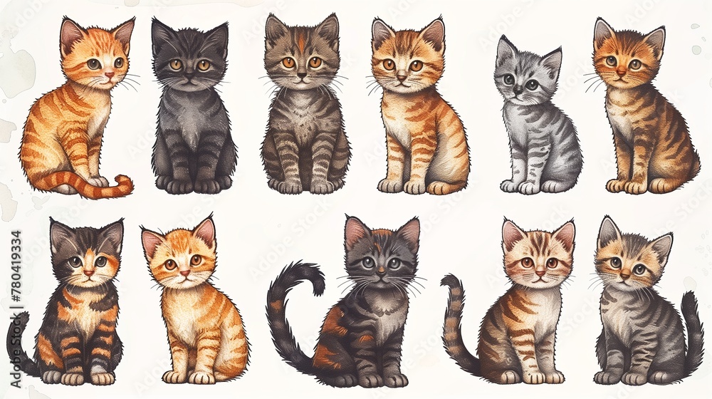 A lot of cute cats. Set of different cartoonish watercolor cats. Watercolor animal painting. Kids background. Hand drawn illustration. Painted backdrop. Cloth pattern. Cat, kitten, head.