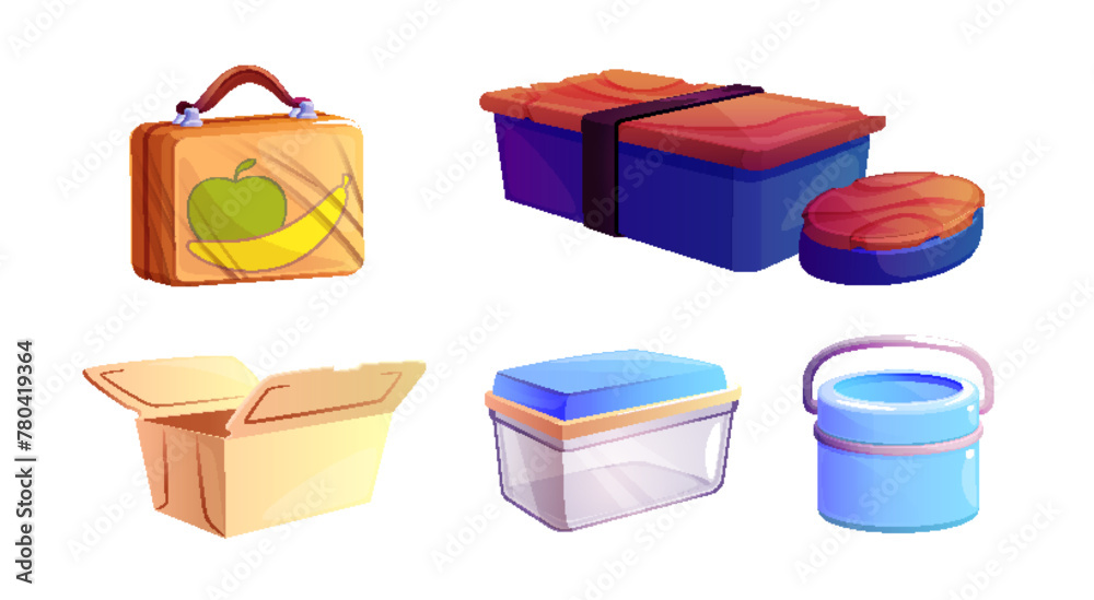 Fototapeta premium Empty close and open lunchbox for school or office dinner. Cartoon vector illustration set of plastic, glass and wooden box for food for lunch break. Childish eco bento package. Container for meal.