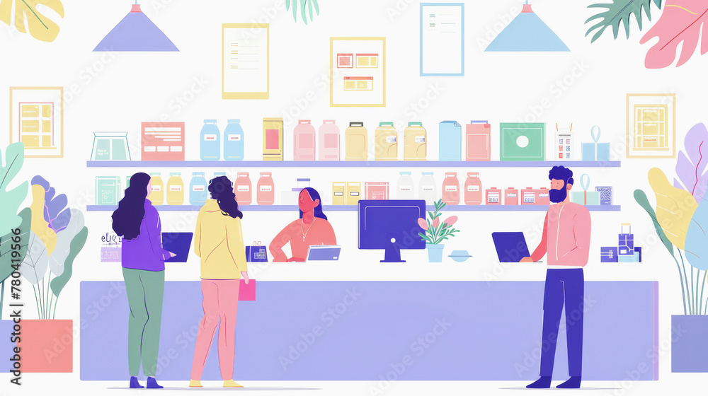 Illustration of customers waiting in line at a store counter with a cashier, shelves with products, and indoor plants.