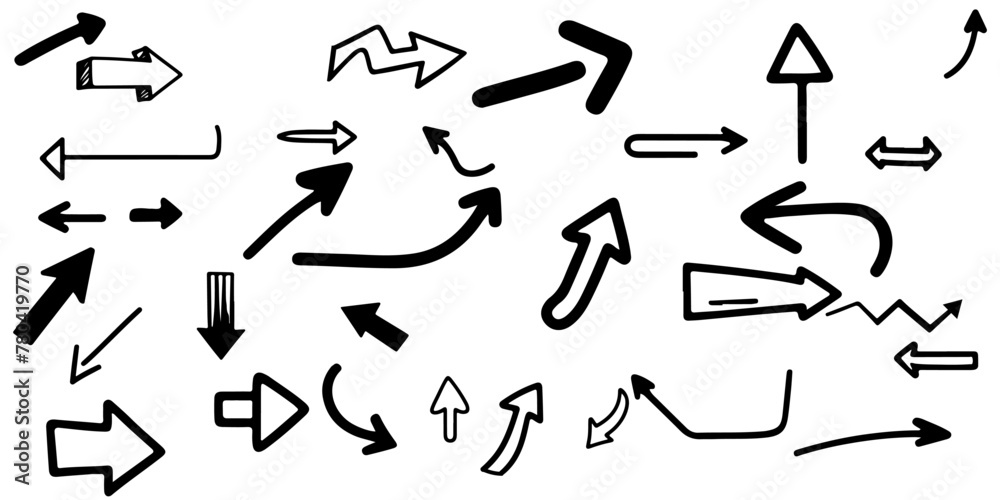 Hand drawn curved arrows design elements of scribble lines outline doodle vector illustration